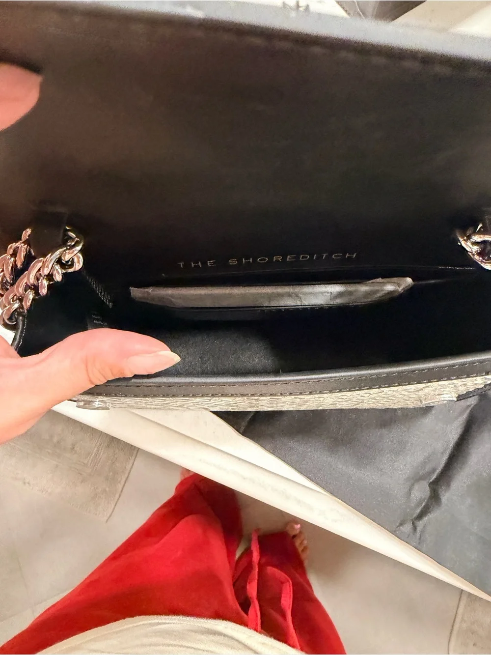 Kurt Geiger Silver Mirror Woven Crossbody with Black Trim and Silver Chain Strap